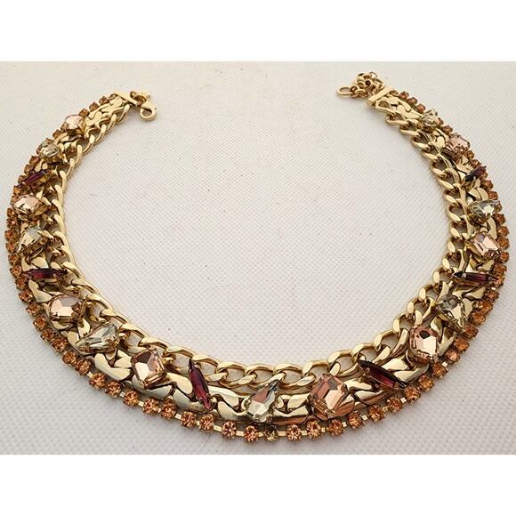 NECKLACE-CHOKER-COLLAR-BANANA REPUBLIC-Gold-Multi Rhinestones-Bling-Classic - Picture 11 of 16